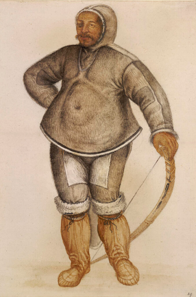 Kalicho, Inuk z zatoki Frobisher; ilustracja z książki John White, 1585-1593. (The British Museum), CC BY-NC-SA 4.0, źródło: /www.britishmuseum.org/collection/image/25919001